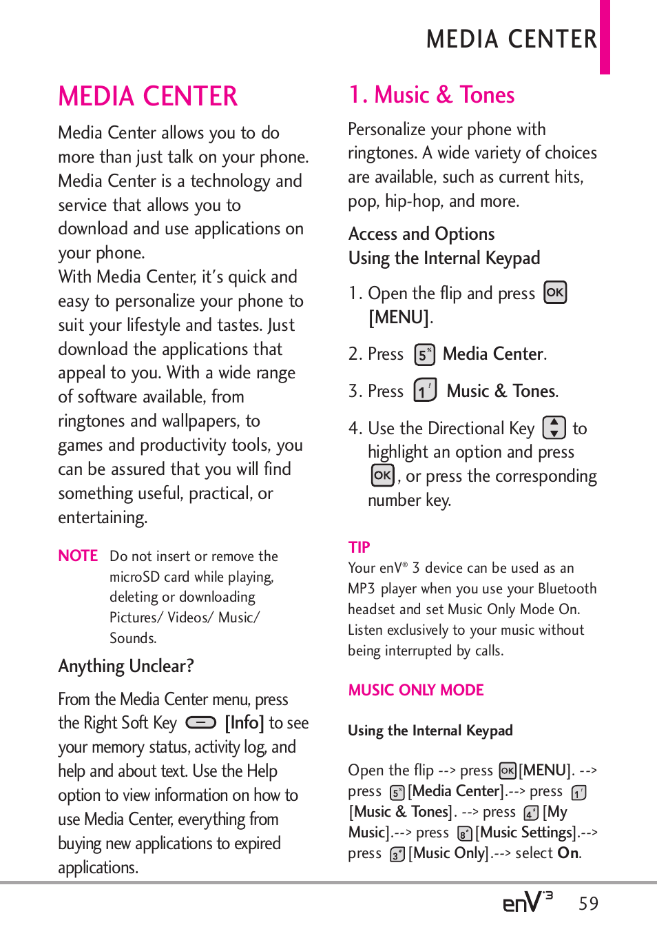 Media center, Music & tones | LG LGVX9200 User Manual | Page 61 / 317