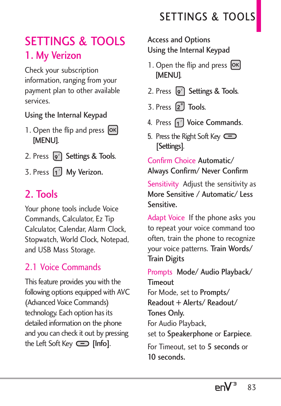 Settings & tools, My verizon, Tools | 1 voice commands | LG LGVX9200 User Manual | Page 85 / 317