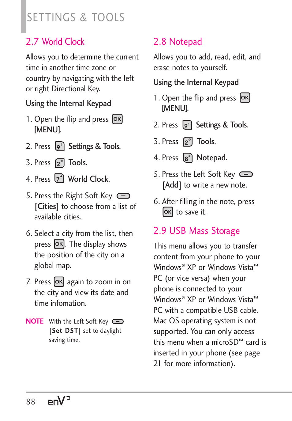 Settings & tools, 7 world clock, 9 usb mass storage | LG LGVX9200 User Manual | Page 90 / 317