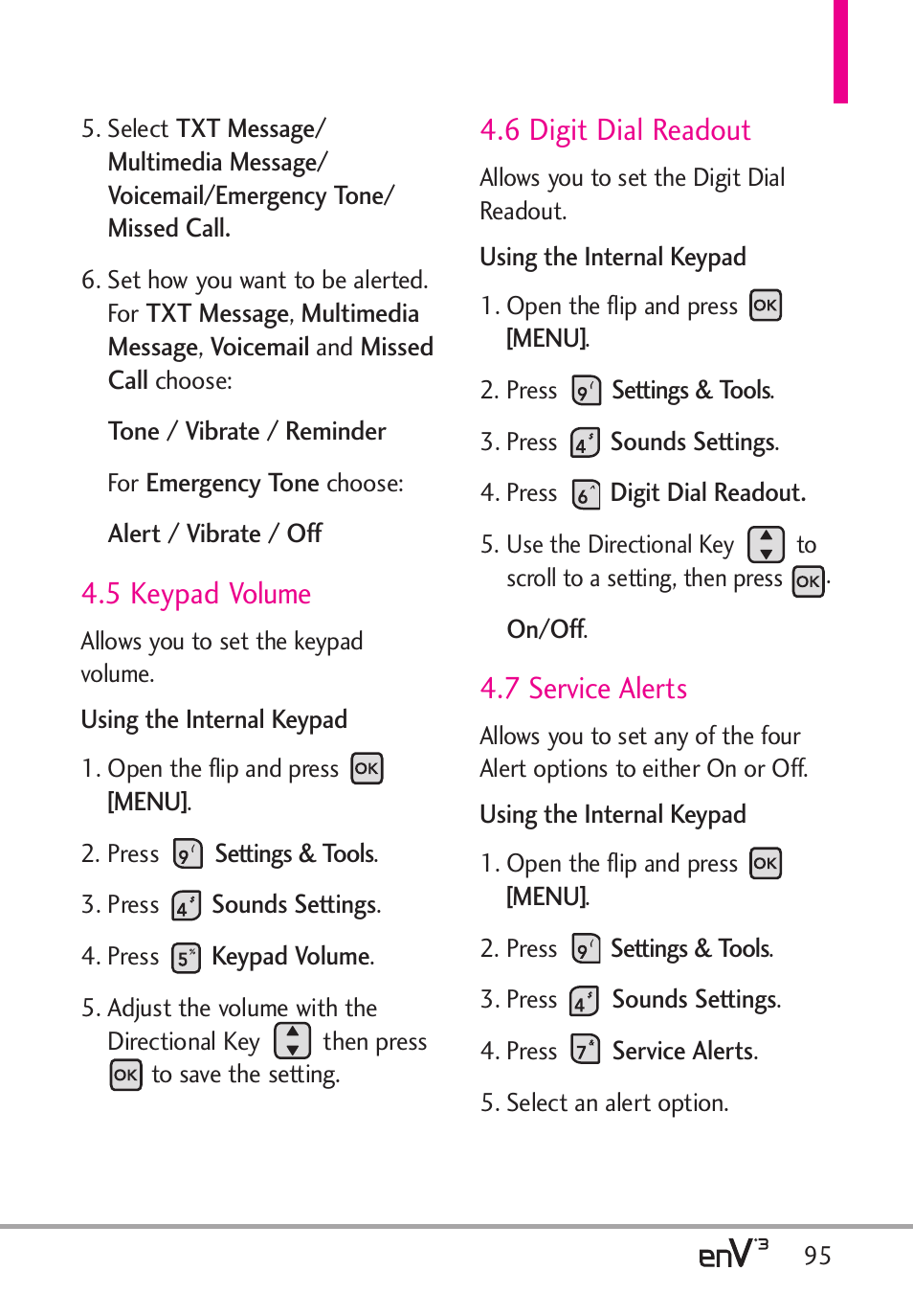 5 keypad volume, 6 digit dial readout, 7 service alerts | LG LGVX9200 User Manual | Page 97 / 317