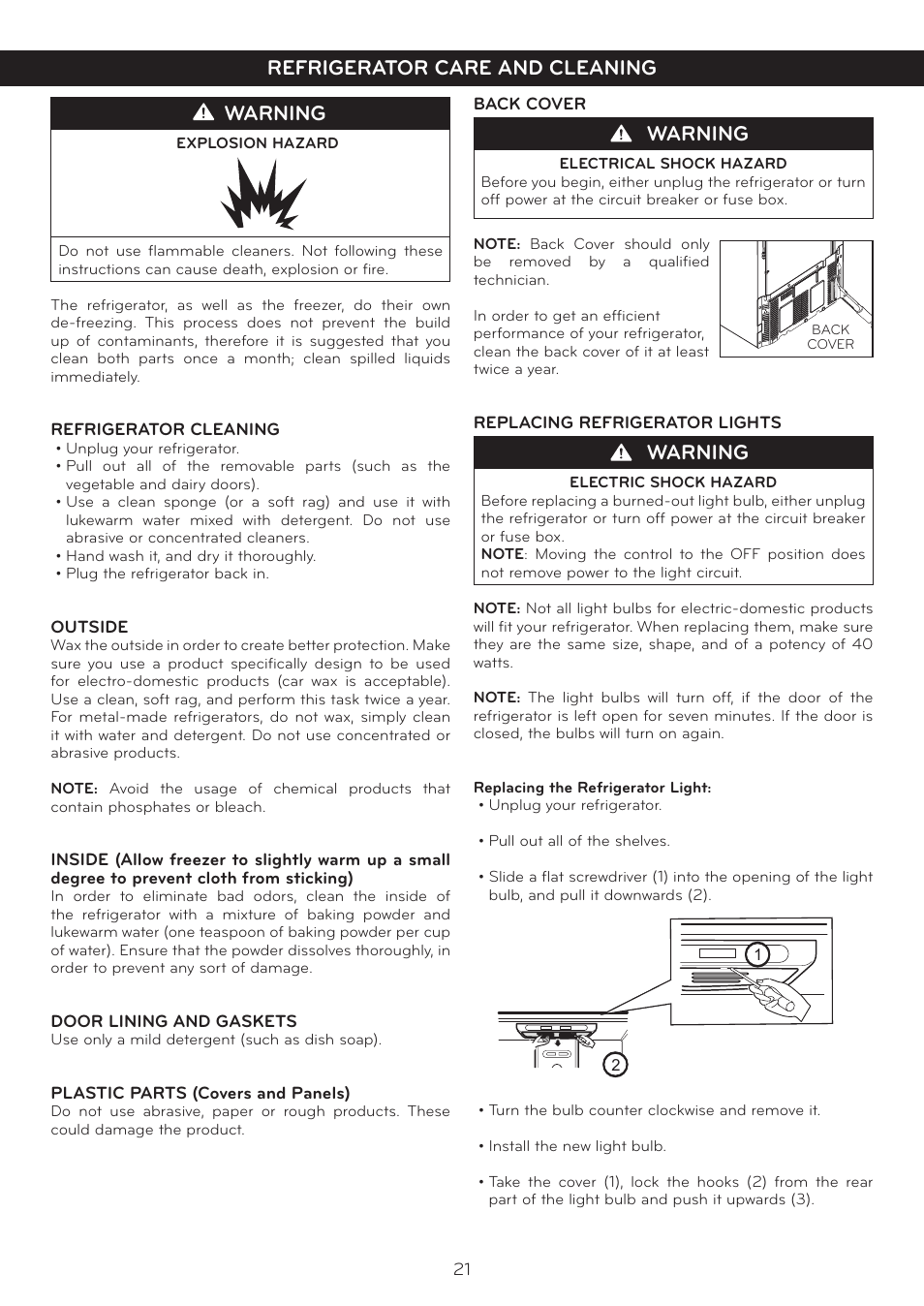 Refrigerator care and cleaning, Warning | LG LFC20760SB User Manual | Page 22 / 31