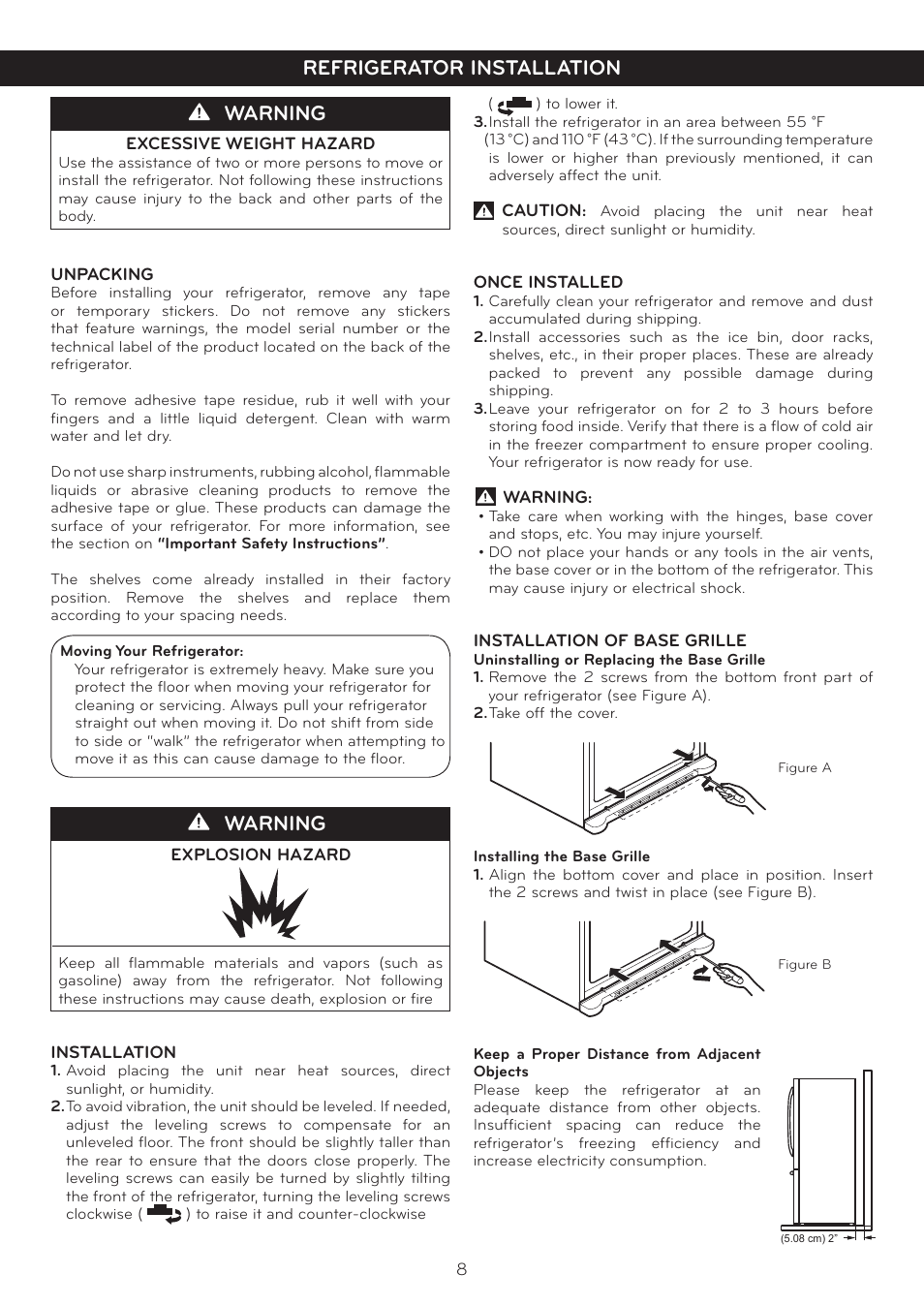Refrigerator installation warning, Warning | LG LFC20760SB User Manual | Page 9 / 31