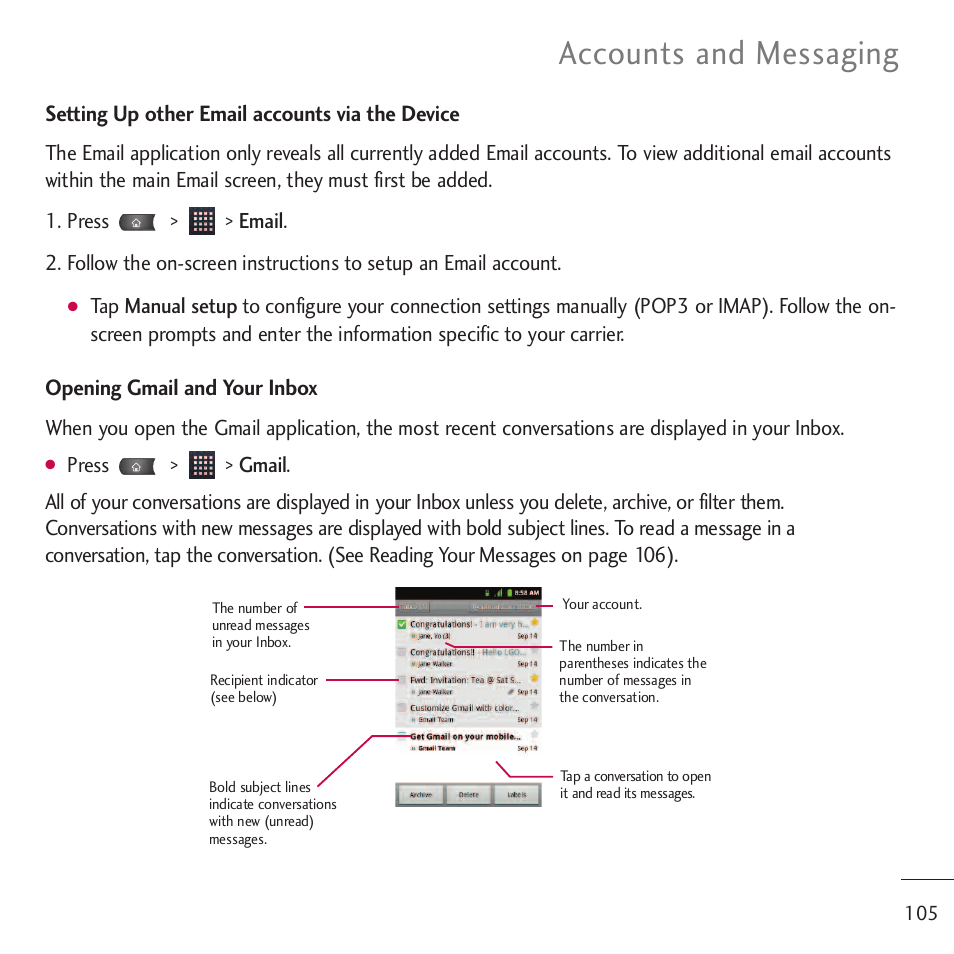 Accounts and messaging | LG LGVM701 User Manual | Page 107 / 221