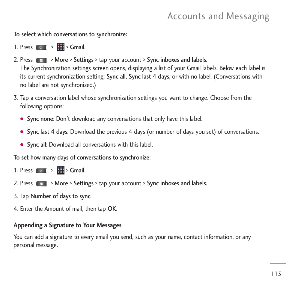 Accounts and messaging | LG LGVM701 User Manual | Page 117 / 221