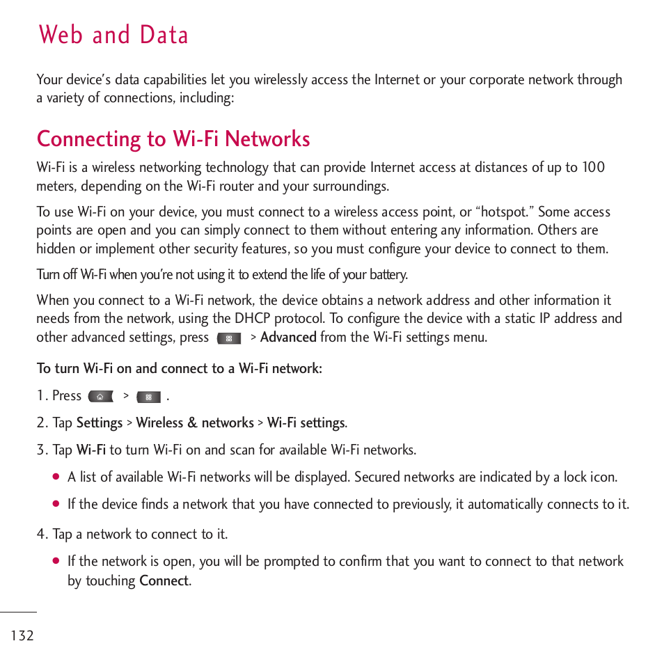 Web and data, Connecting to wi-fi networks | LG LGVM701 User Manual | Page 134 / 221