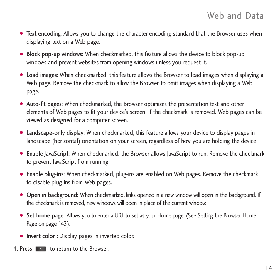 Web and data | LG LGVM701 User Manual | Page 143 / 221