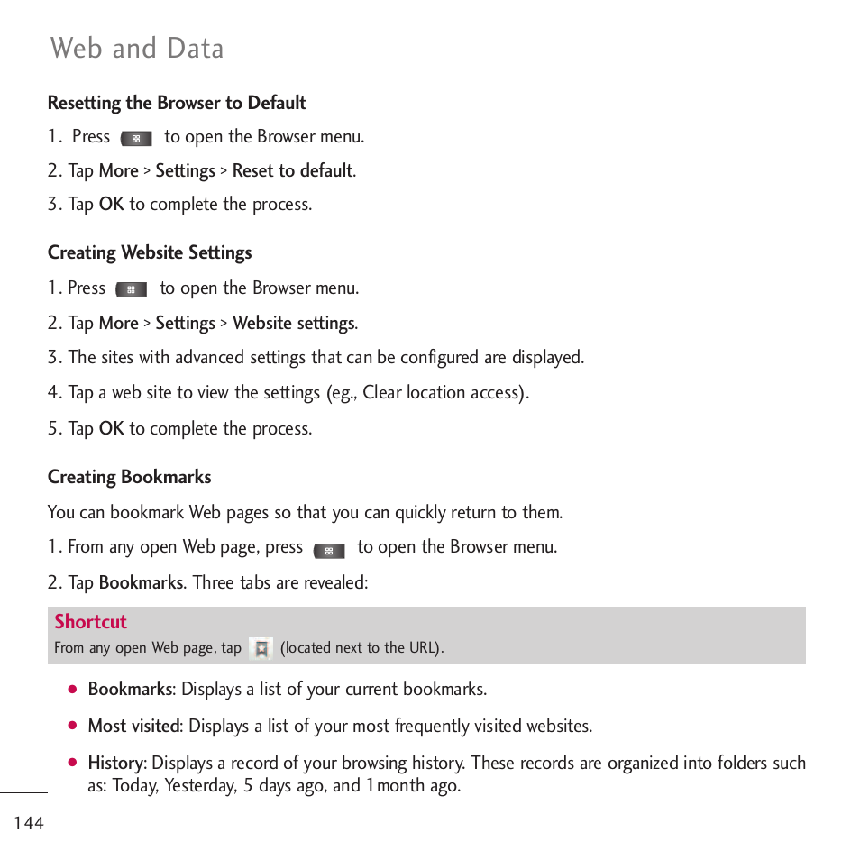 Web and data | LG LGVM701 User Manual | Page 146 / 221