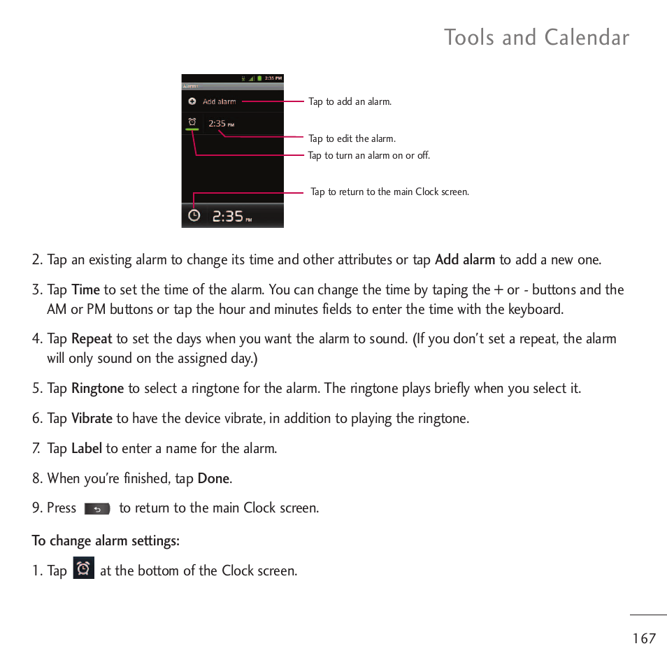 Tools and calendar | LG LGVM701 User Manual | Page 169 / 221
