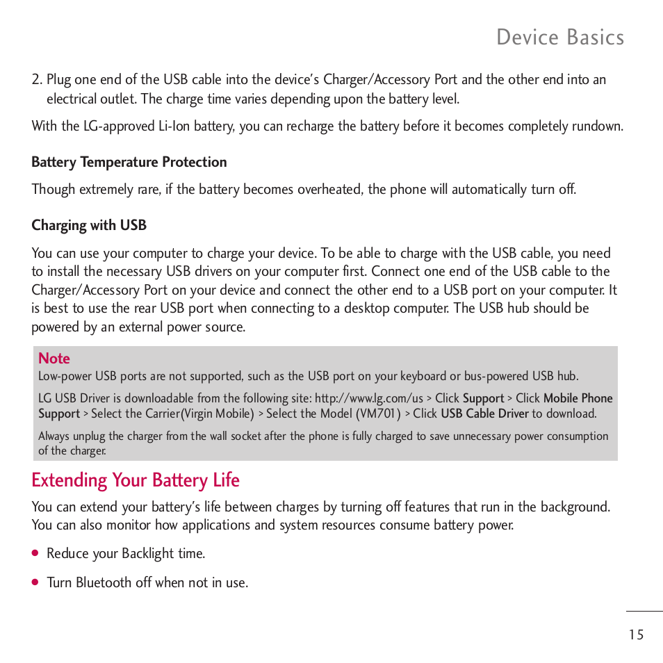 Device basics, Extending your battery life | LG LGVM701 User Manual | Page 17 / 221