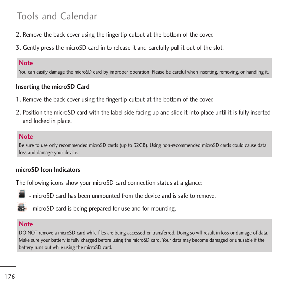 Tools and calendar | LG LGVM701 User Manual | Page 178 / 221