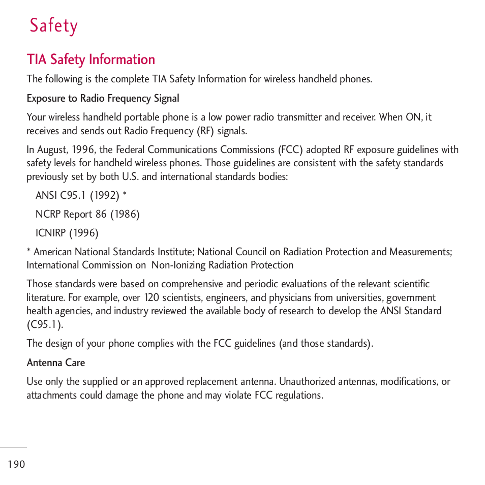 Safety, Tia safety information | LG LGVM701 User Manual | Page 192 / 221