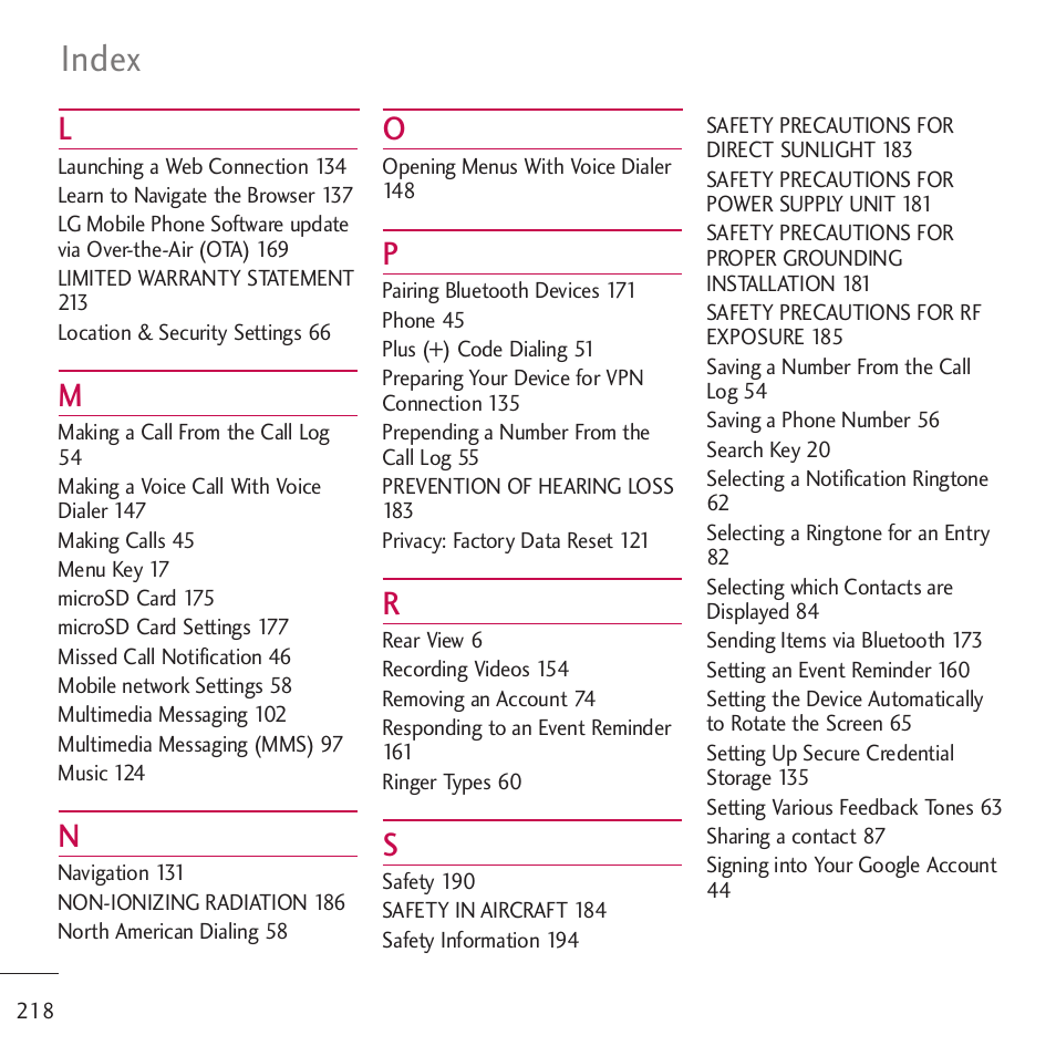 Index | LG LGVM701 User Manual | Page 220 / 221