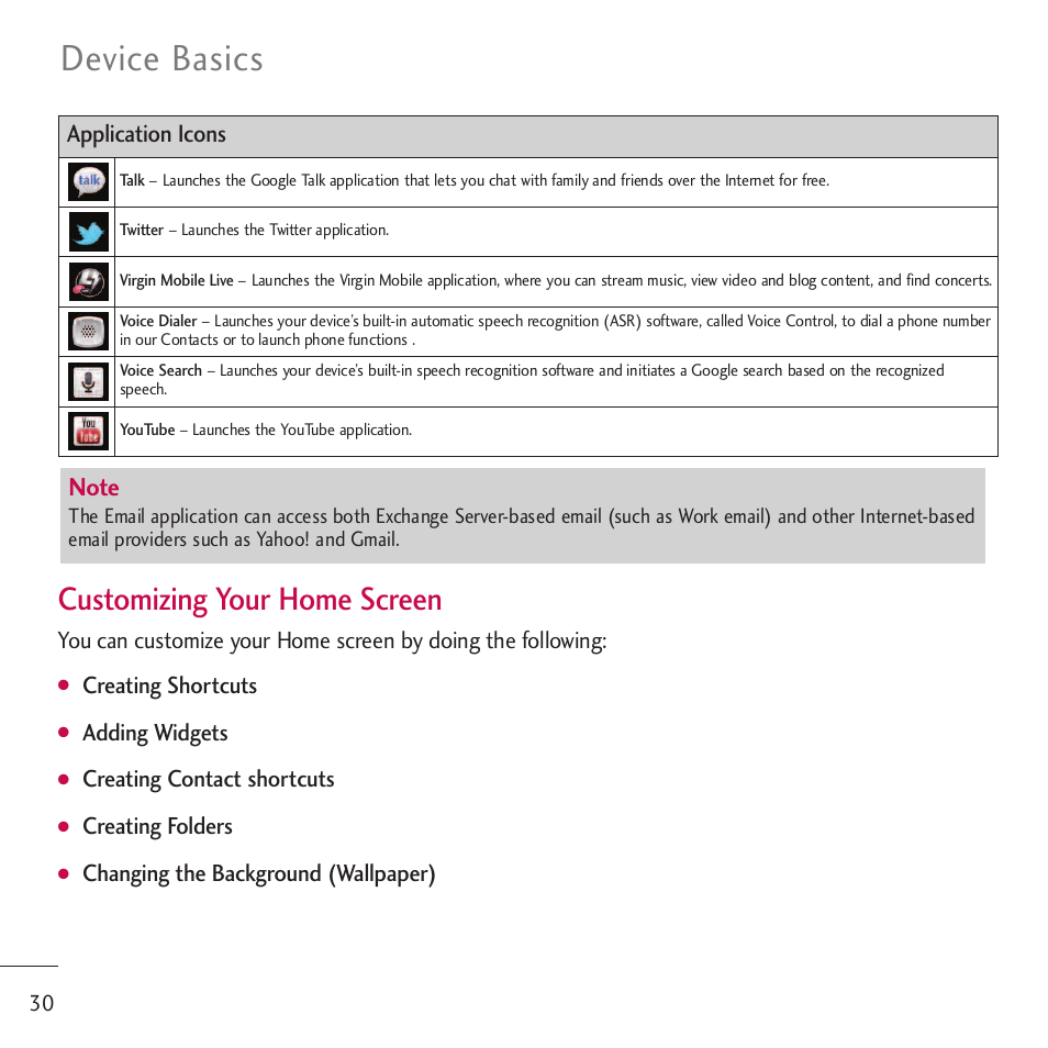 Device basics, Customizing your home screen, Application icons | LG LGVM701 User Manual | Page 32 / 221