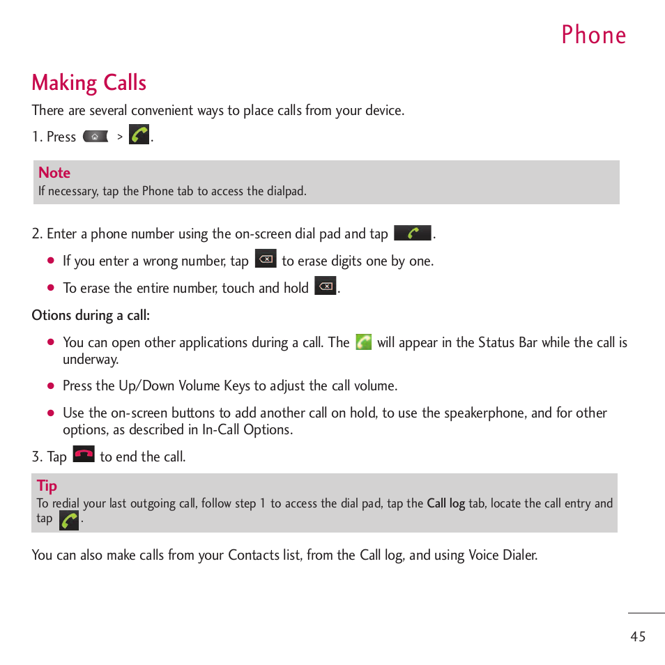 Phone, Making calls | LG LGVM701 User Manual | Page 47 / 221