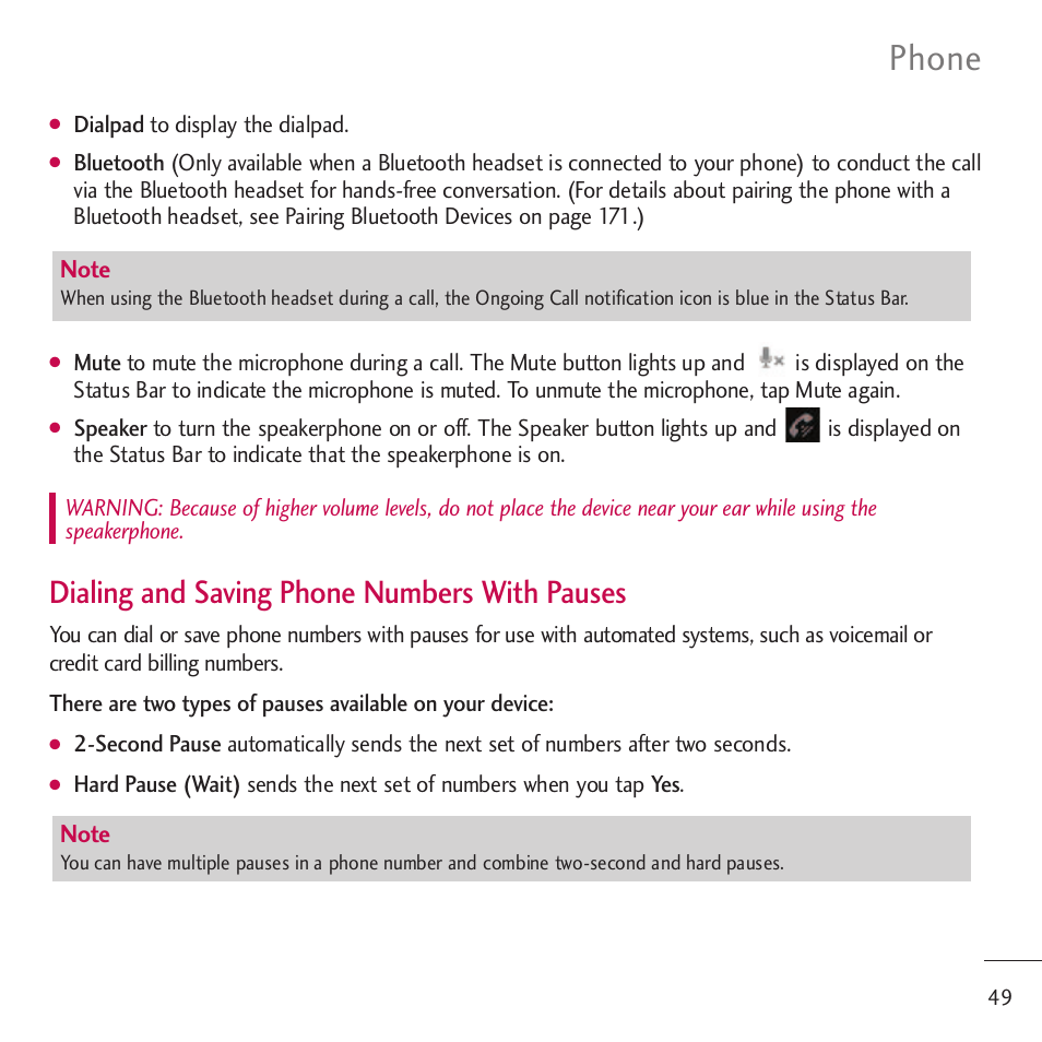 Phone, Dialing and saving phone numbers with pauses | LG LGVM701 User Manual | Page 51 / 221