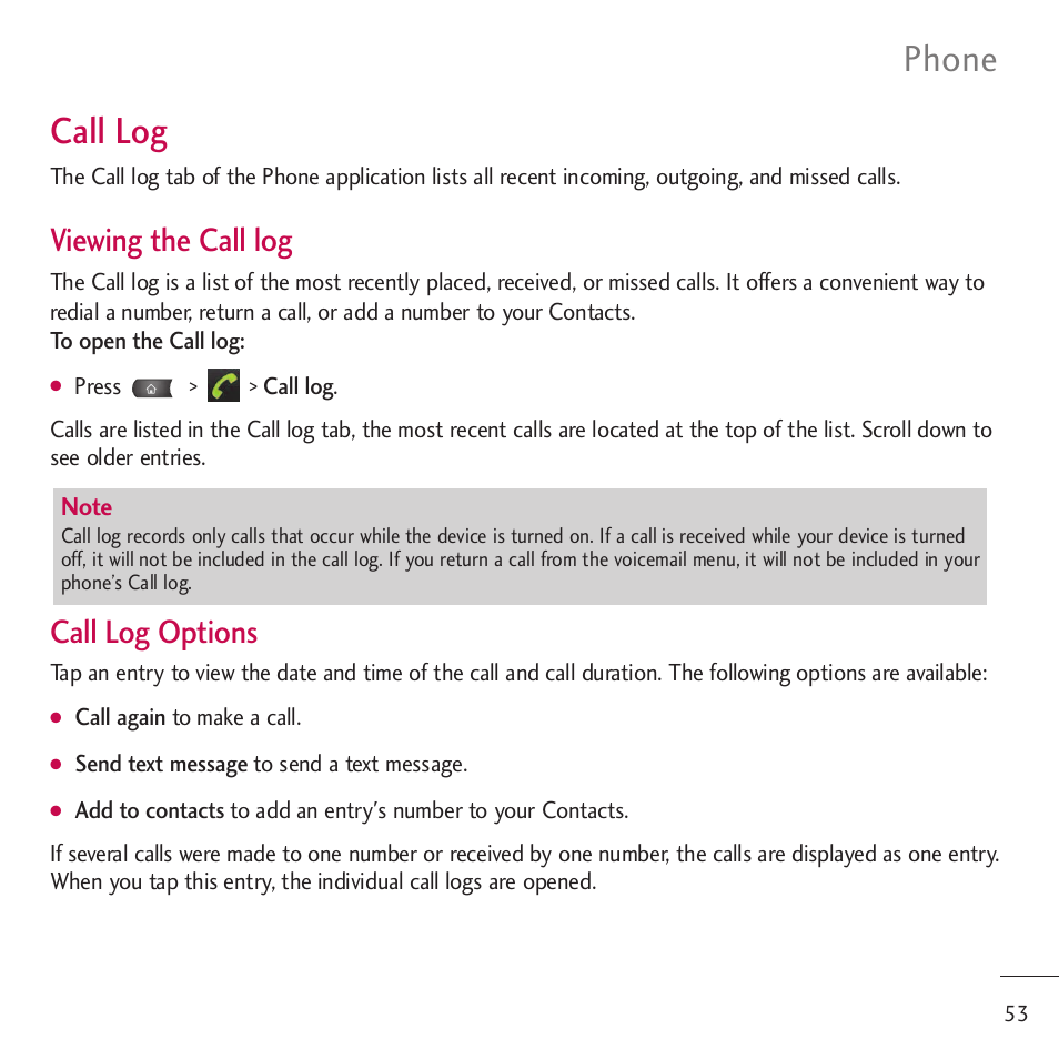 Call log, Phone, Viewing the call log | Call log options | LG LGVM701 User Manual | Page 55 / 221