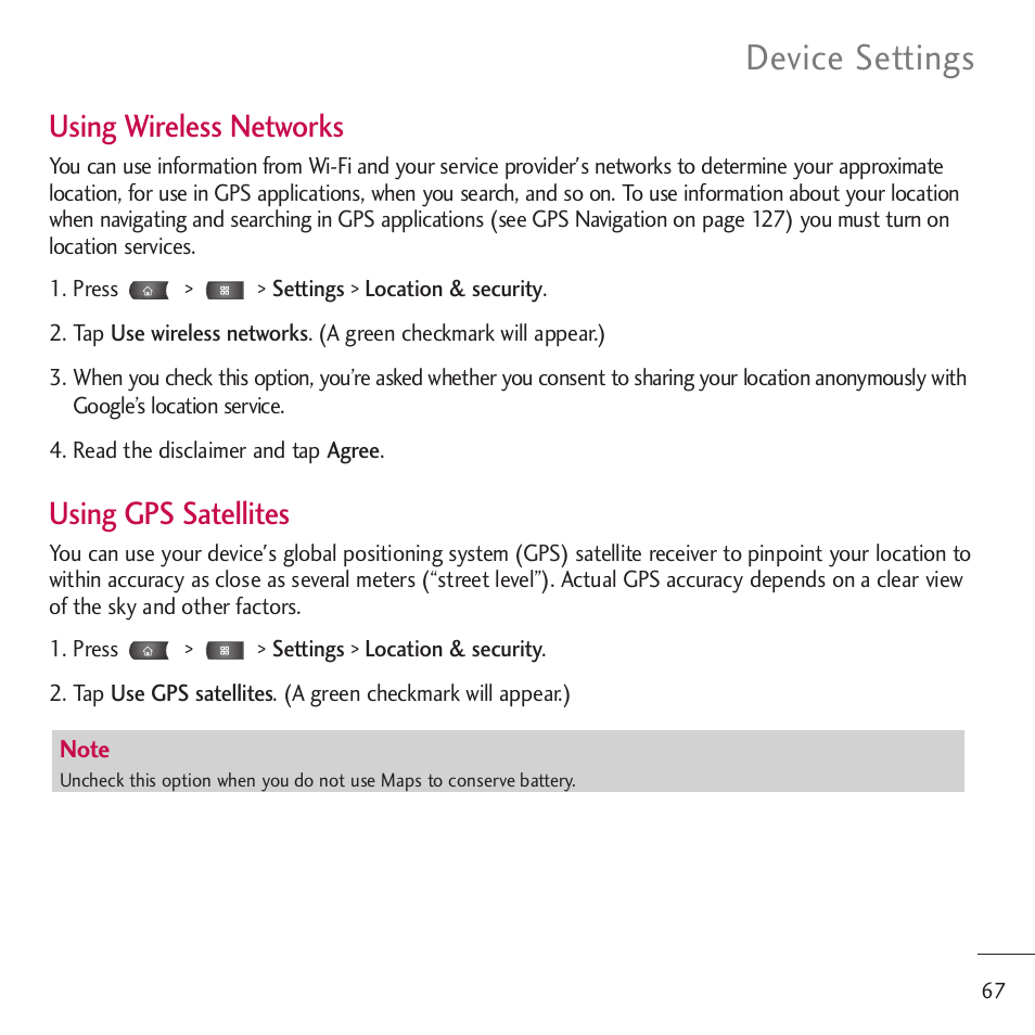 Device settings, Using wireless networks, Using gps satellites | LG LGVM701 User Manual | Page 69 / 221