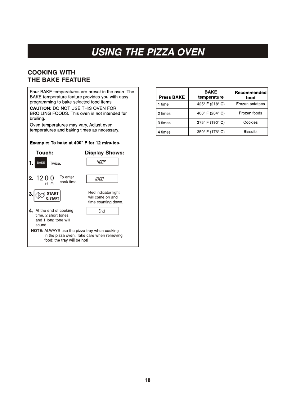 Cooking with the bake feature, Touch: display shows, Using the pizza oven | LG LCSP1110ST User Manual | Page 18 / 23