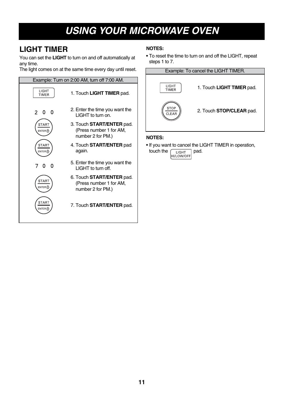 Using your microwave oven, Light timer | LG LMV2073WW User Manual | Page 11 / 36