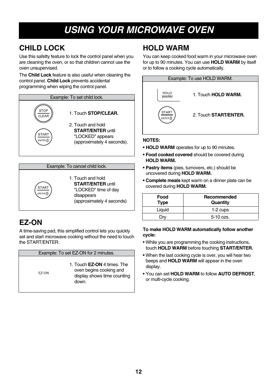 Using your microwave oven, Child lock, Ez-on | Hold warm | LG LMV2073WW User Manual | Page 12 / 36