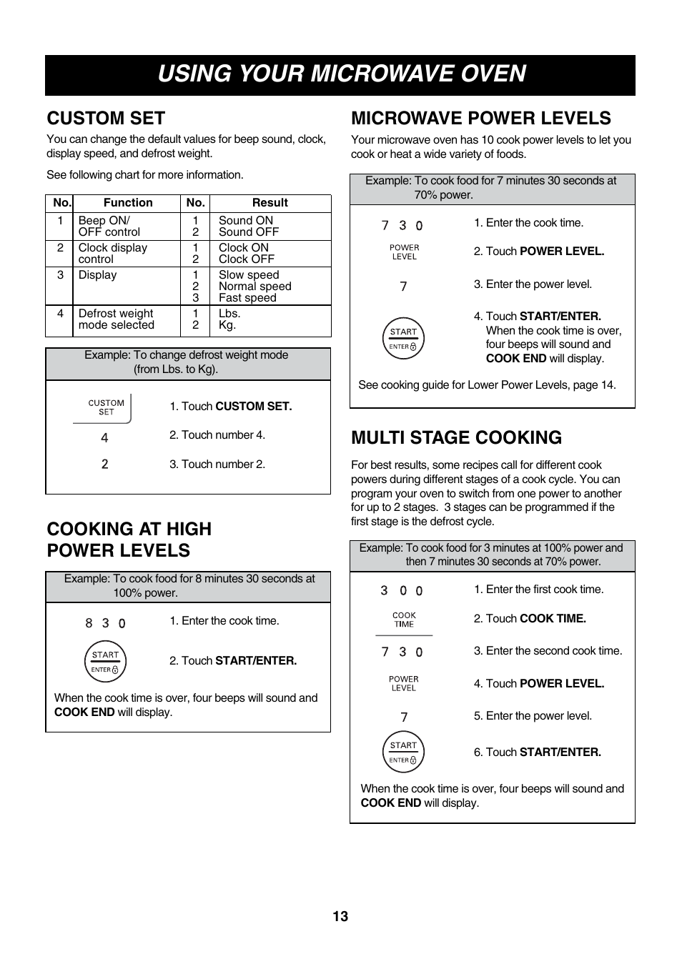 Using your microwave oven, Custom set, Cooking at high power levels | Microwave power levels, Multi stage cooking | LG LMV2073WW User Manual | Page 13 / 36