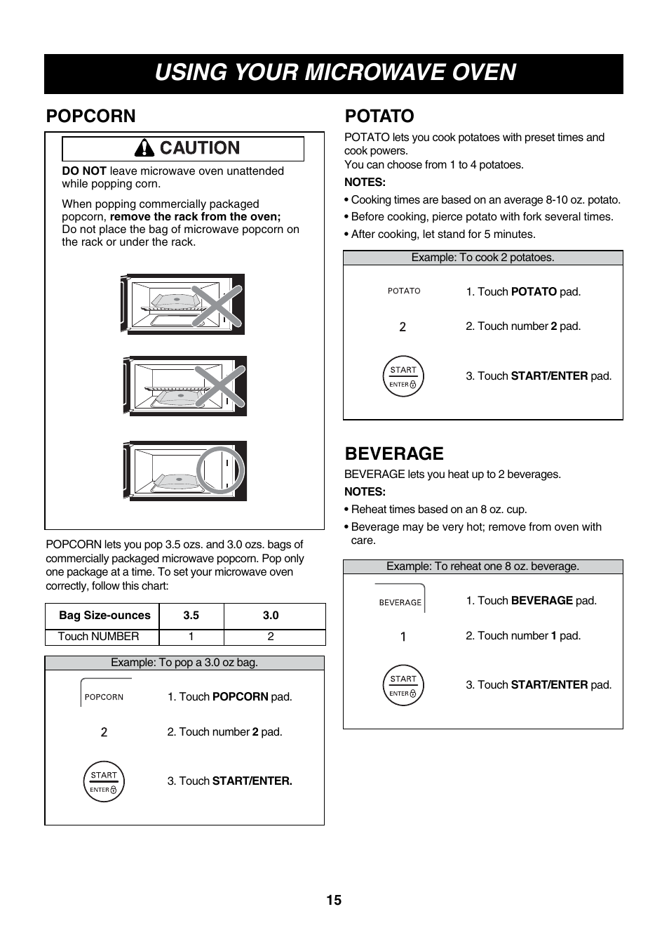 Using your microwave oven, Potato popcorn, Beverage | LG LMV2073WW User Manual | Page 15 / 36