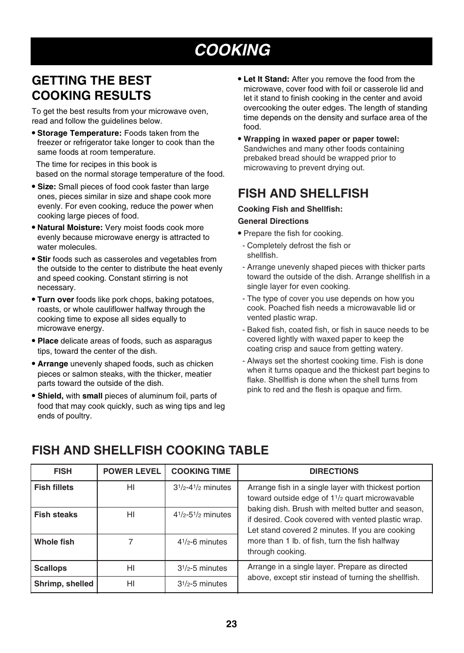 Cooking, Getting the best cooking results, Fish and shellfish | Fish and shellfish cooking table | LG LMV2073WW User Manual | Page 23 / 36