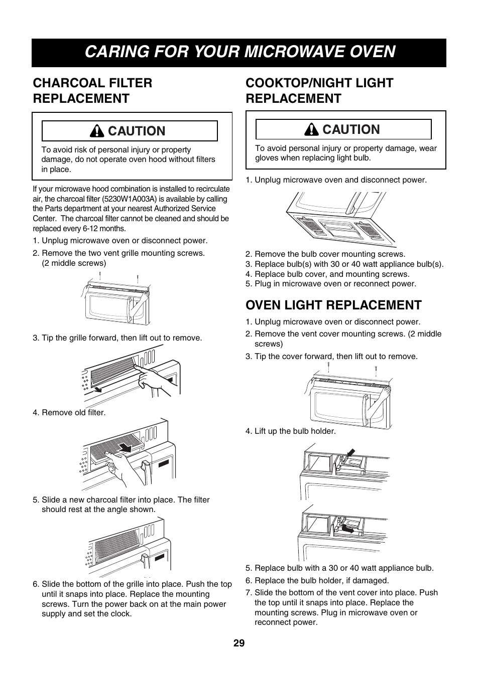 Caring for your microwave oven, Charcoal filter replacement, Cooktop/night light replacement | Oven light replacement | LG LMV2073WW User Manual | Page 29 / 36