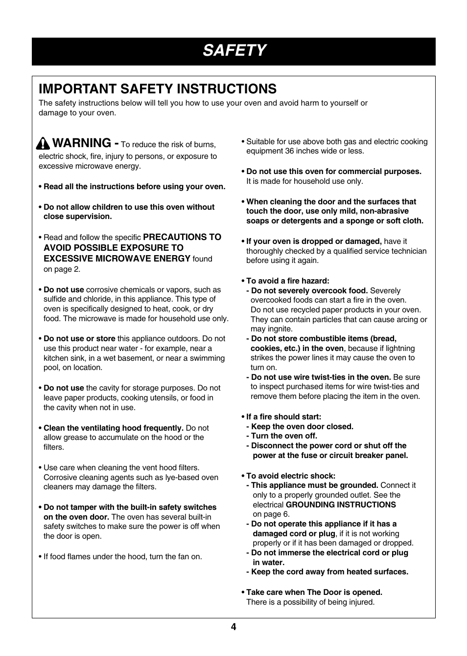 Safety, Important safety instructions, Warning | LG LMV2073WW User Manual | Page 4 / 36