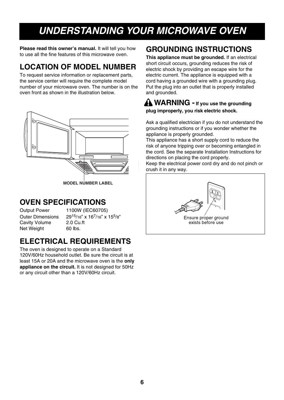 Understanding your microwave oven, Location of model number, Oven specifications | Electrical requirements, Grounding instructions, Warning | LG LMV2073WW User Manual | Page 6 / 36