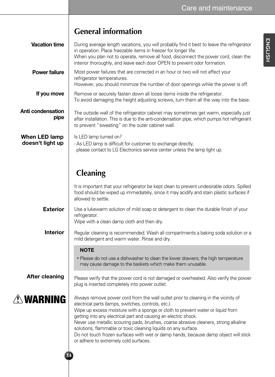 Warning, General information cleaning, Care and maintenance | LG LSC24971ST User Manual | Page 34 / 43