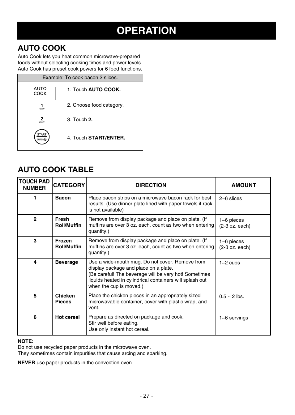 Operation, Auto cook, Auto cook table | LG LMVH1750ST User Manual | Page 27 / 49