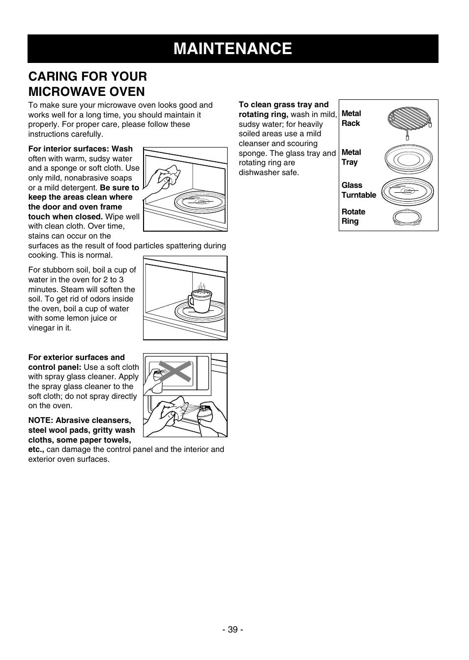 Maintenance, Caring for your microwave oven | LG LMVH1750ST User Manual | Page 39 / 49