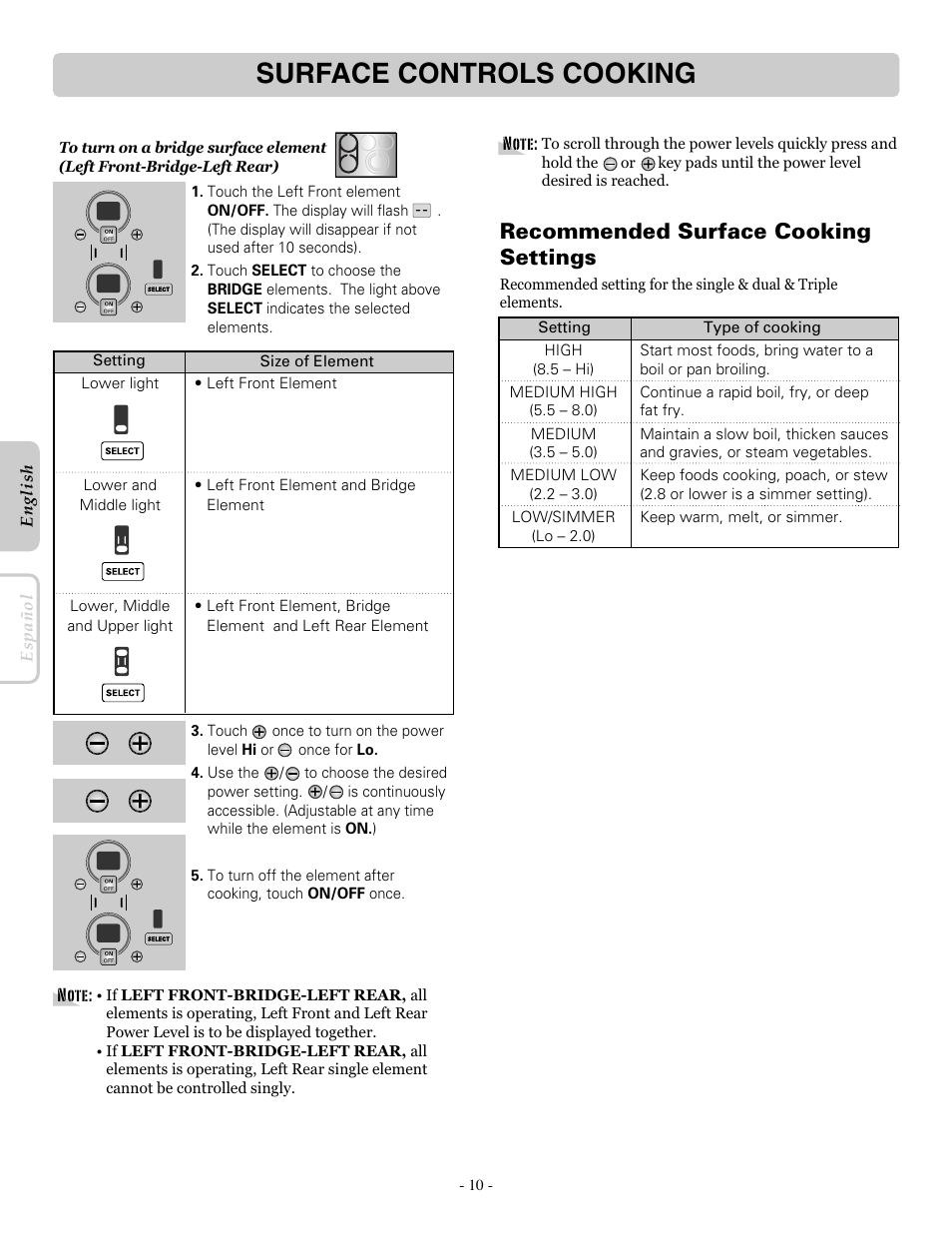 Surface controls cooking, Recommended surface cooking settings | LG LRE30955ST User Manual | Page 10 / 44