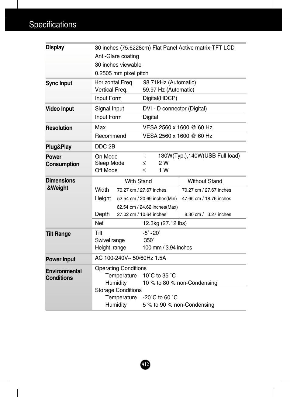 Specifications | LG W3000H User Manual | Page 13 / 17
