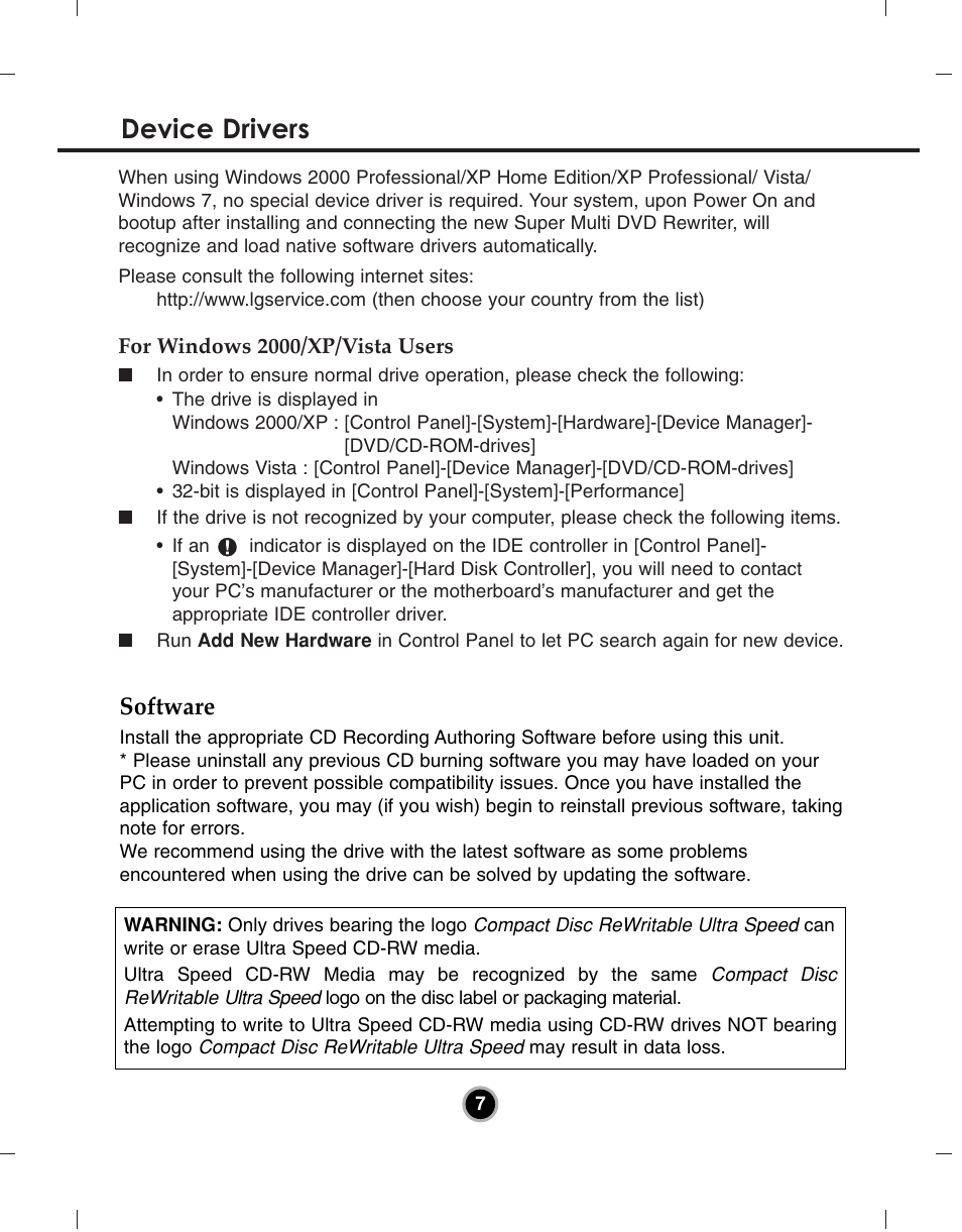 Device drivers, Software | LG GH22NP21 User Manual | Page 10 / 14