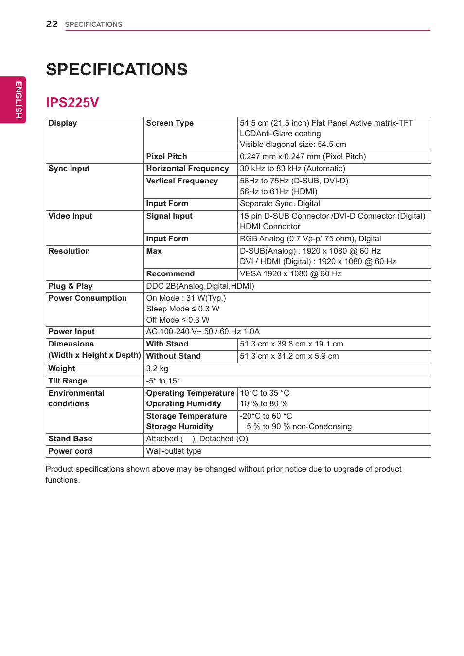 Specifications, Ips225v, 22 ips225v | LG IPS235V-BN User Manual | Page 22 / 26