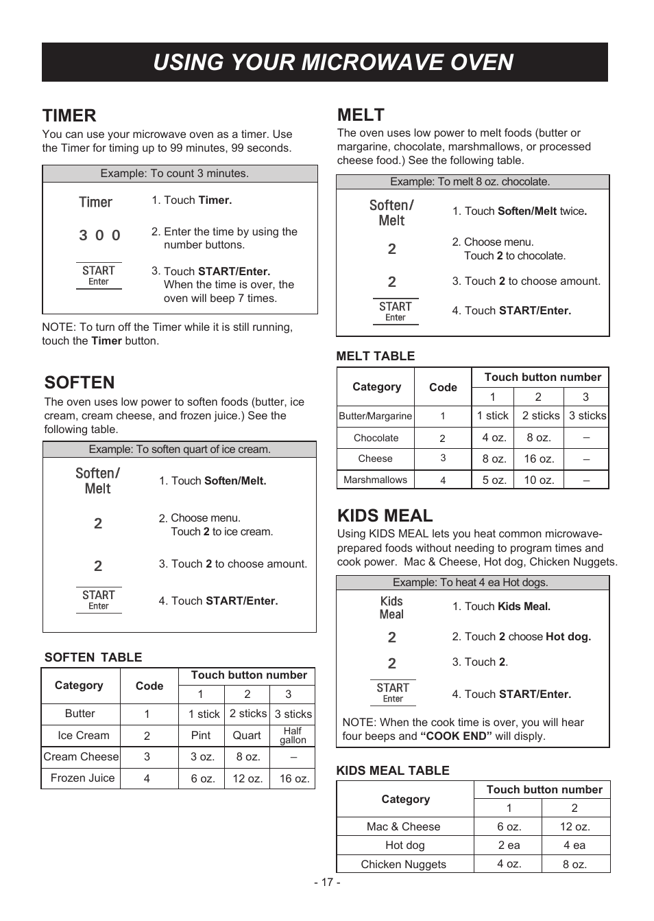 Using your microwave oven, Soften, Melt | Kids meal, Timer | LG LMV2031SB User Manual | Page 17 / 32