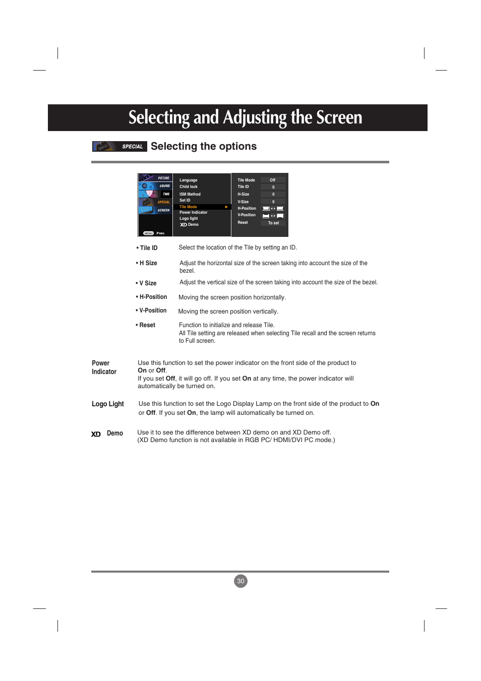 Selecting and adjusting the screen, Selecting the options | LG M3701C-BA User Manual | Page 31 / 60