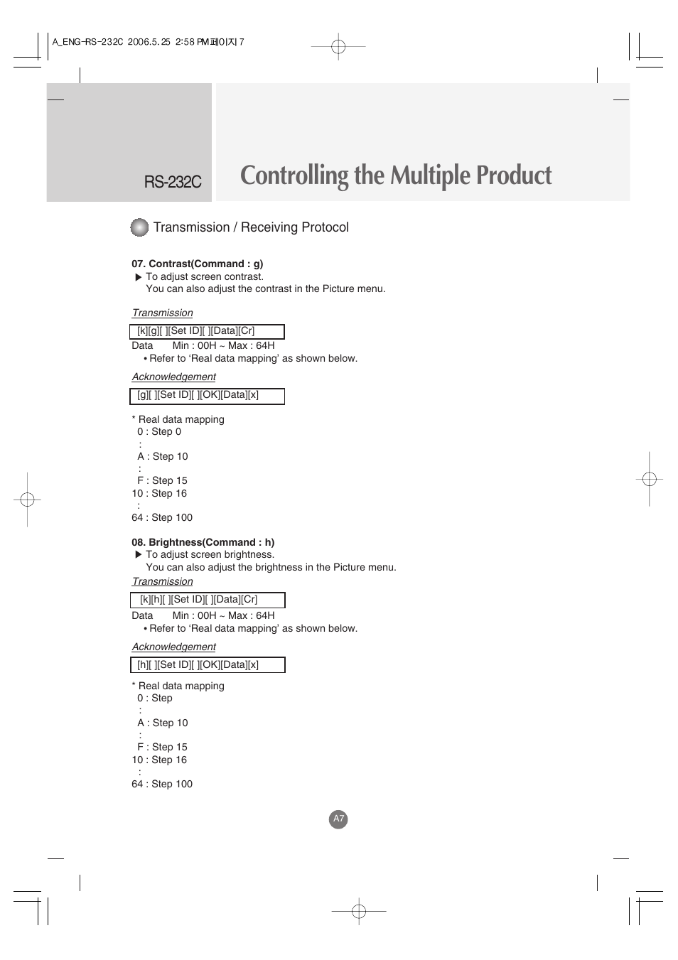 Controlling the multiple product, Rs-232c, Transmission / receiving protocol | LG M3701C-BA User Manual | Page 49 / 60