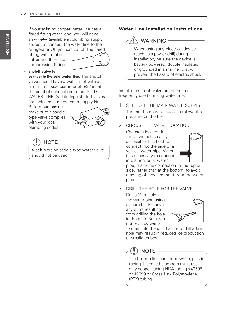 Water line installation instructions, Warning | LG LFX31915ST User Manual | Page 22 / 59