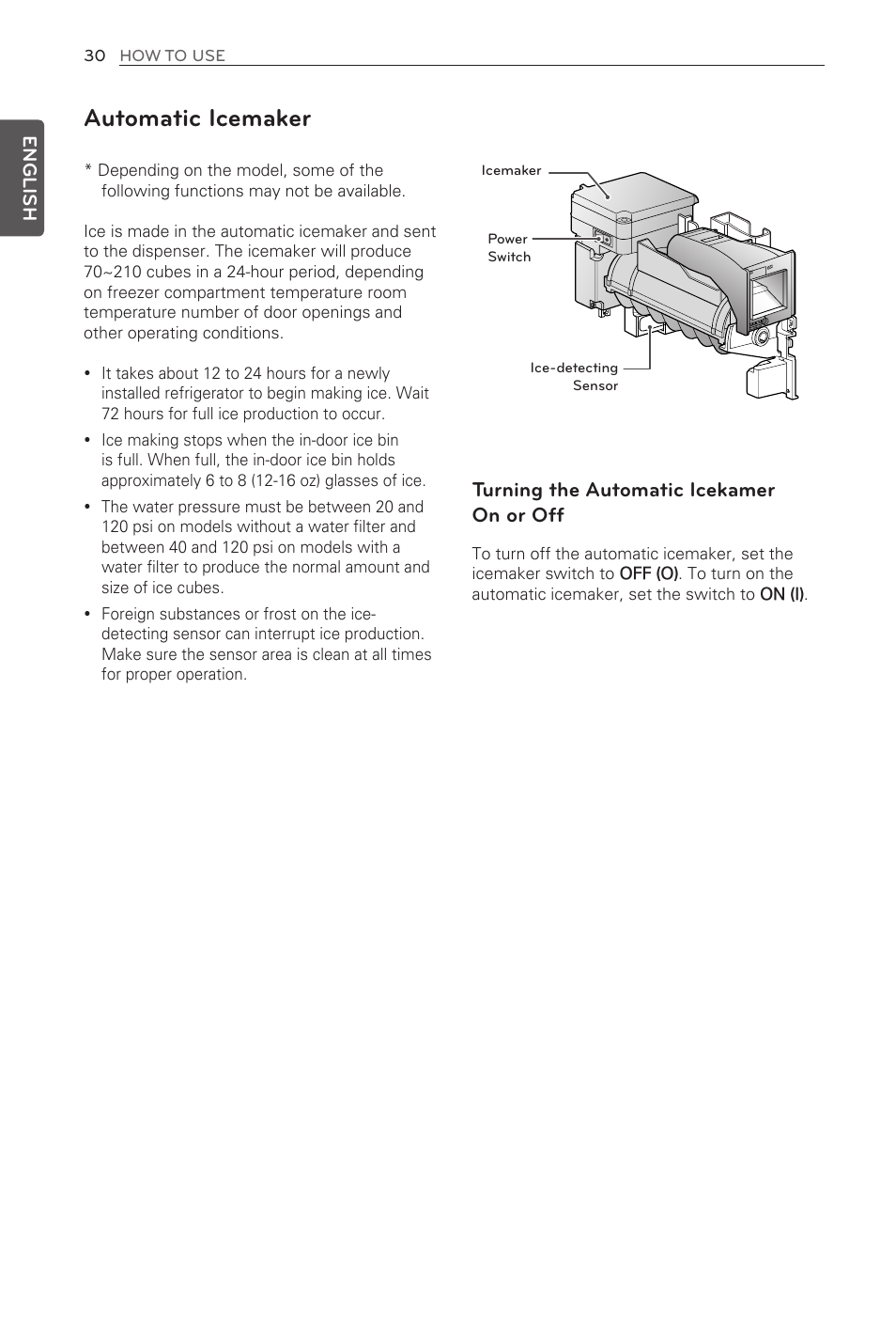 Automatic icemaker, Turning the automatic icekamer on or off, English | LG LFX31915ST User Manual | Page 30 / 59