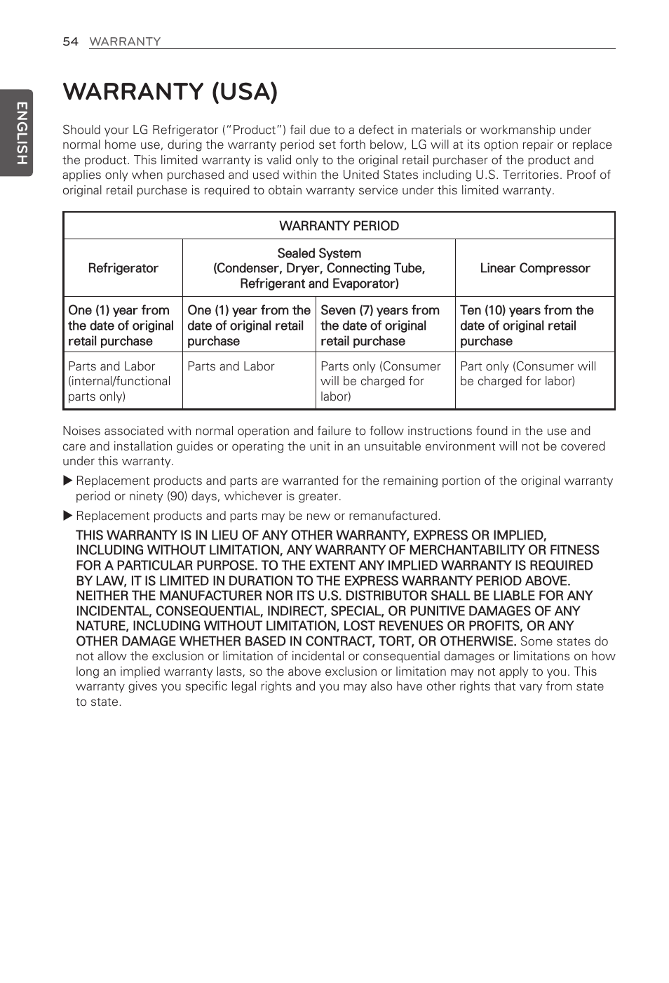 Warranty (usa) | LG LFX31915ST User Manual | Page 54 / 59