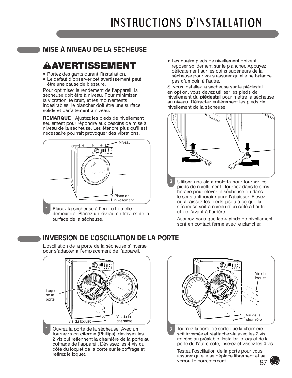 Wavertissement, Inversion de l’oscillation de la porte, Mise à niveau de la sécheuse | LG DLE2101W User Manual | Page 87 / 112