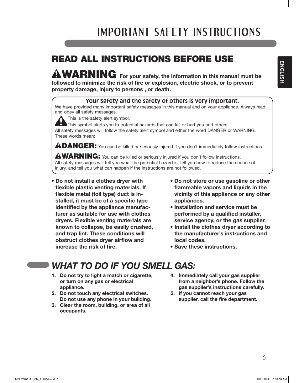 What to do if you smell gas, Read all instructions before use, Wdanger | Wwarning | LG DLEX2655V User Manual | Page 3 / 100
