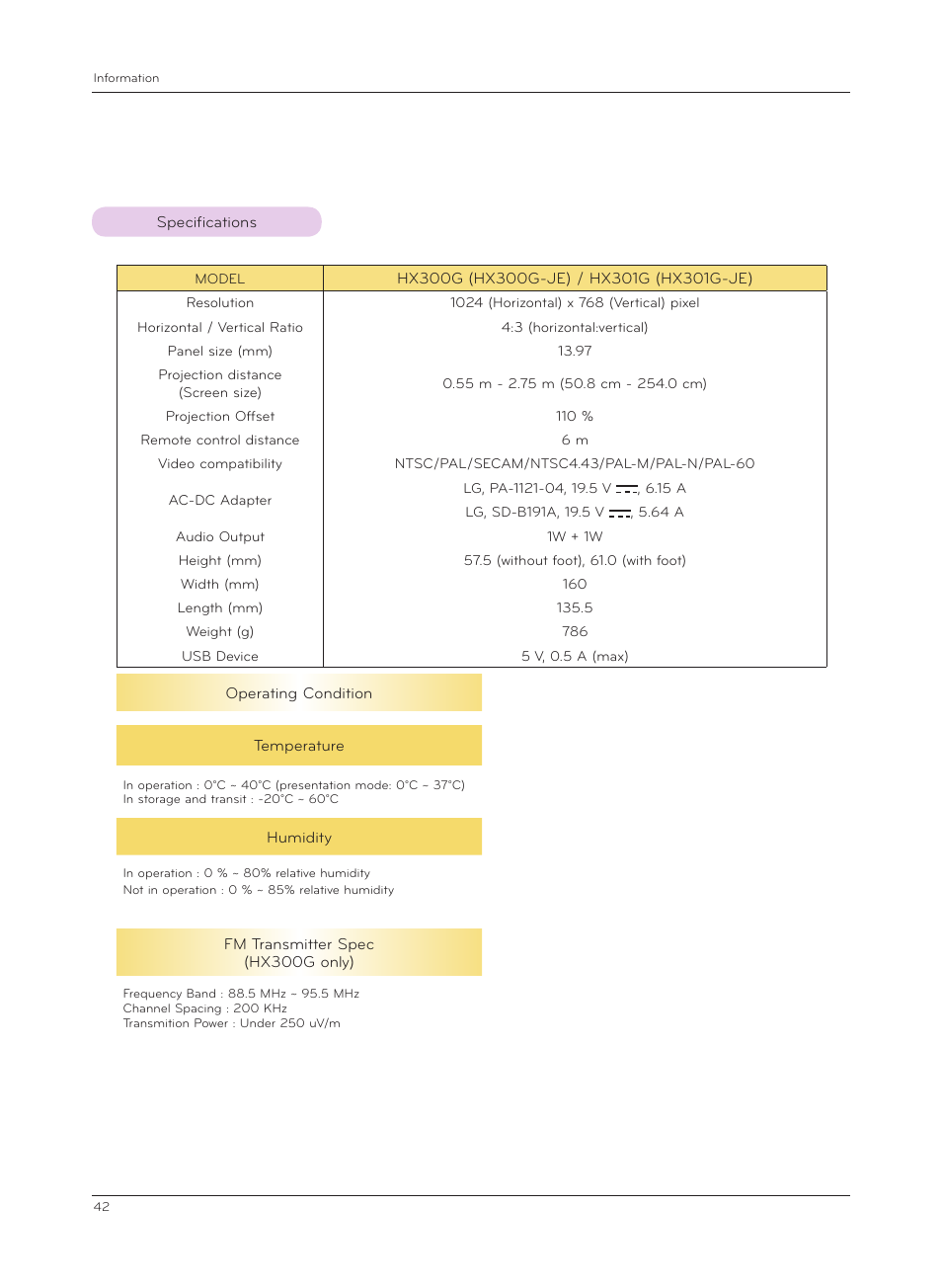 Specifications | LG HX301G User Manual | Page 42 / 44