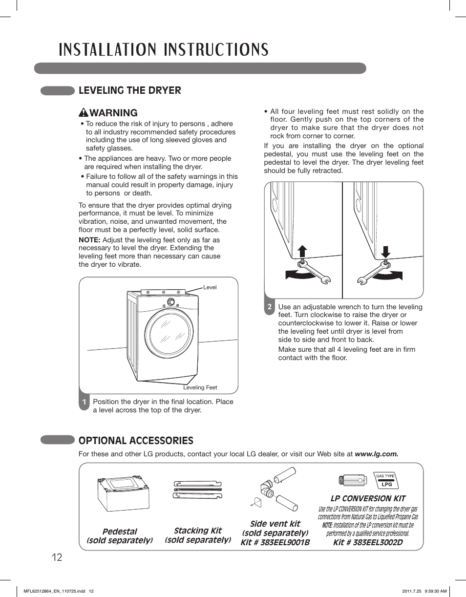 Leveling the dryer, Optional accessories, Warning | LG DLG2351W User Manual | Page 12 / 92