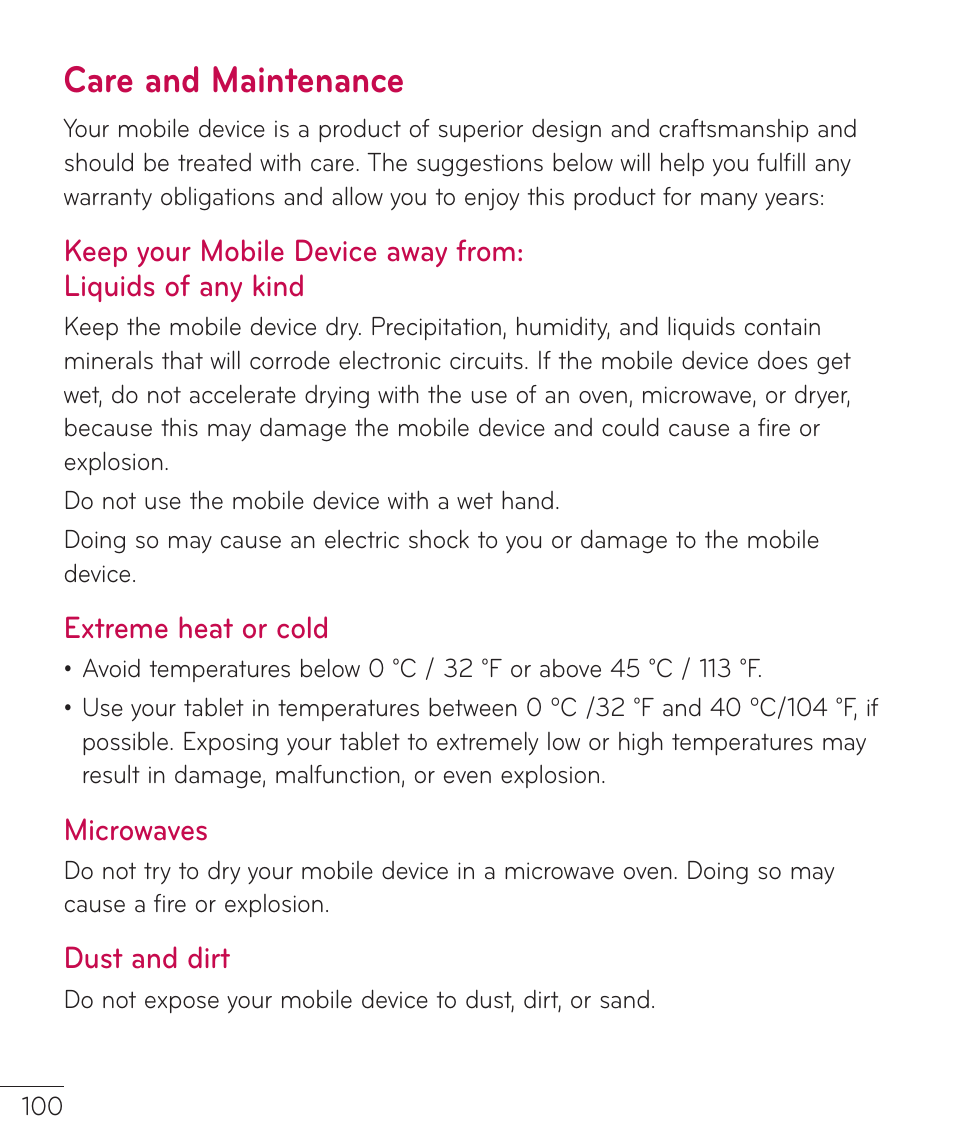 Care and maintenance | LG LGV400 User Manual | Page 102 / 132