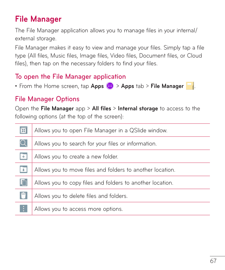 File manager, File manager options | LG LGV400 User Manual | Page 69 / 132