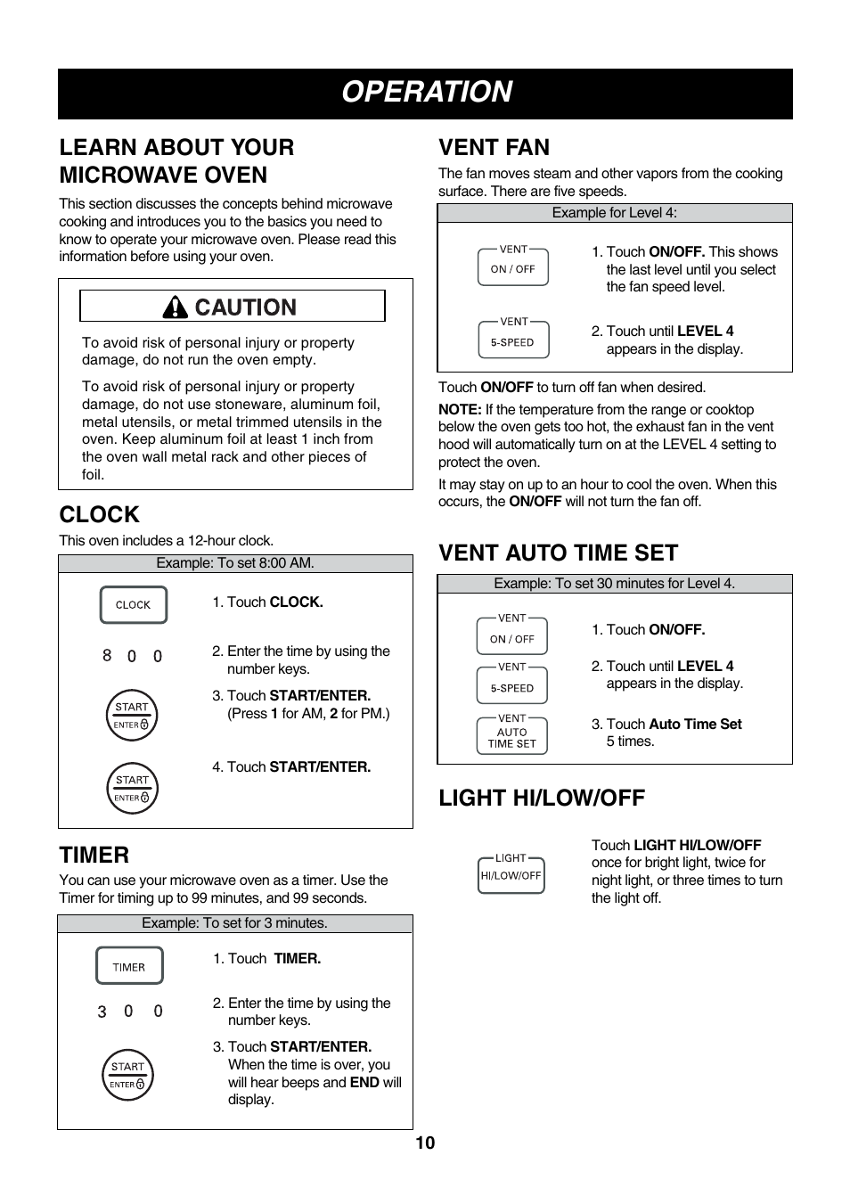 Operation, Learn about your microwave oven, Clock | Vent fan, Timer, Vent auto time set, Light hi/low/off | LG LMVM2055SB User Manual | Page 10 / 35